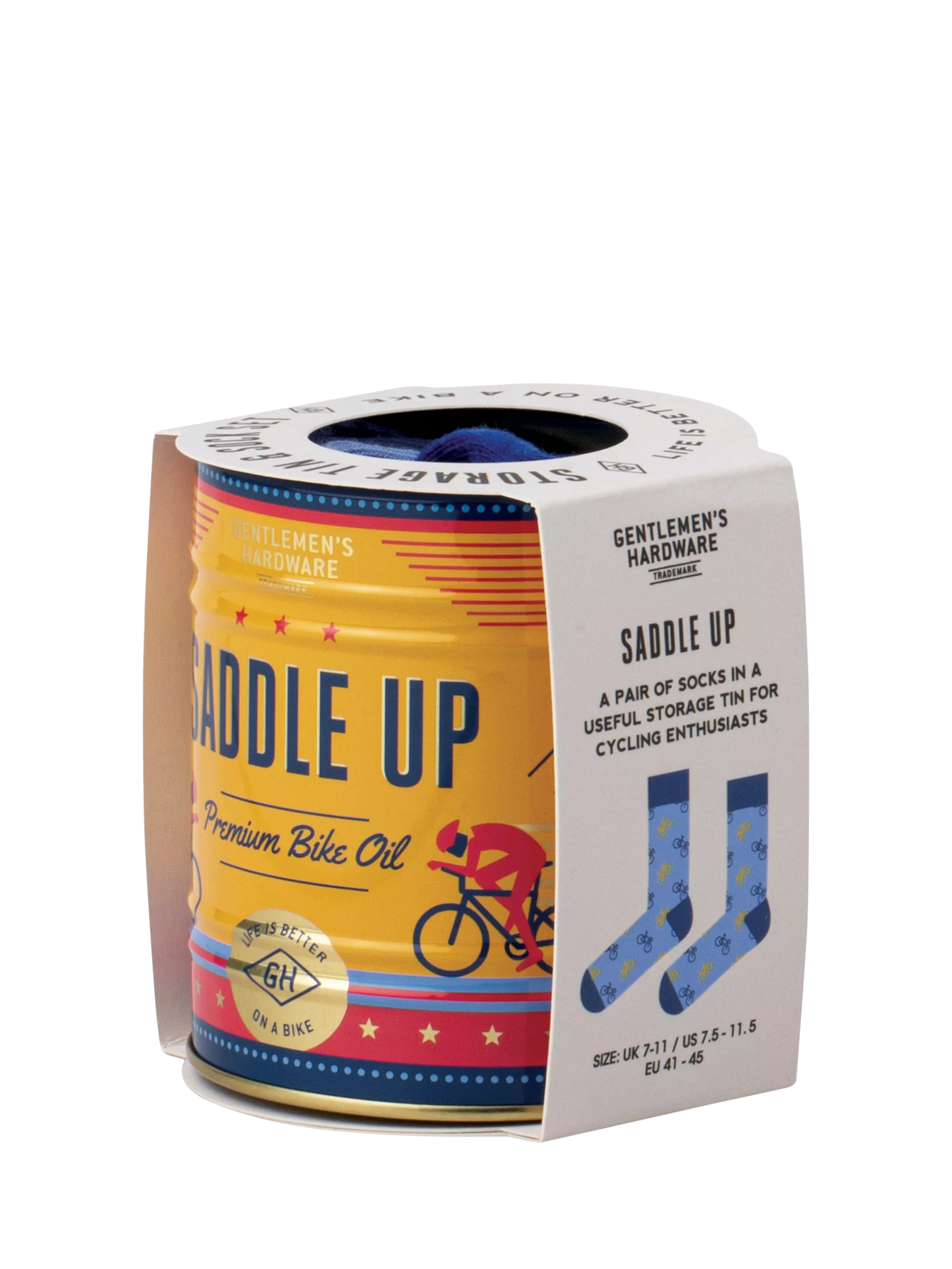 Gentlemen's Hardware blue bike socks in a can, imported from the UK