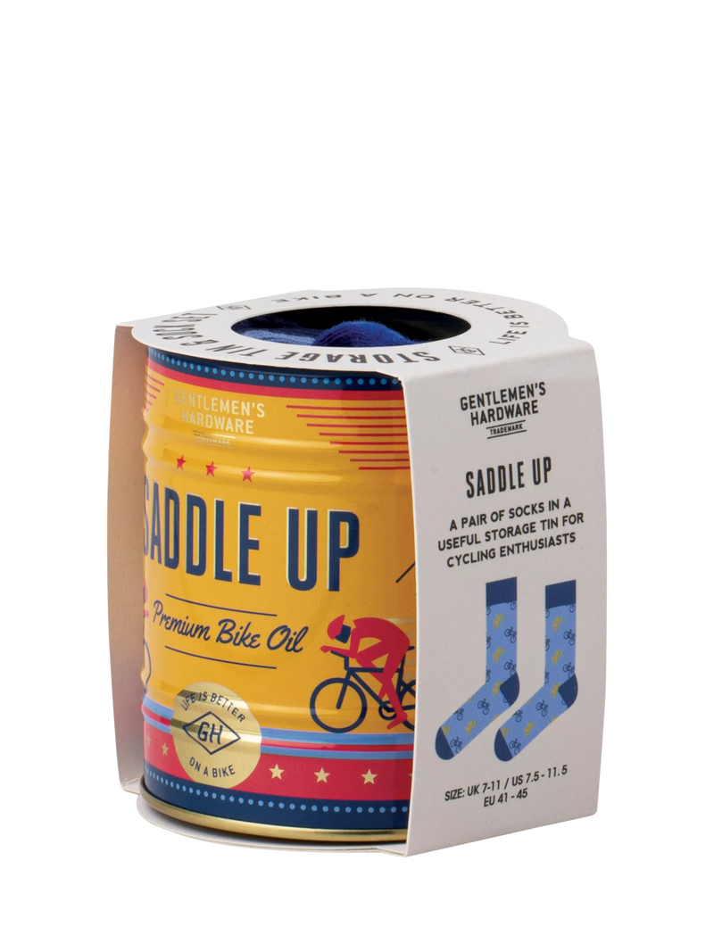 Gentlemen's Hardware blue bike socks in a can, imported from the UK