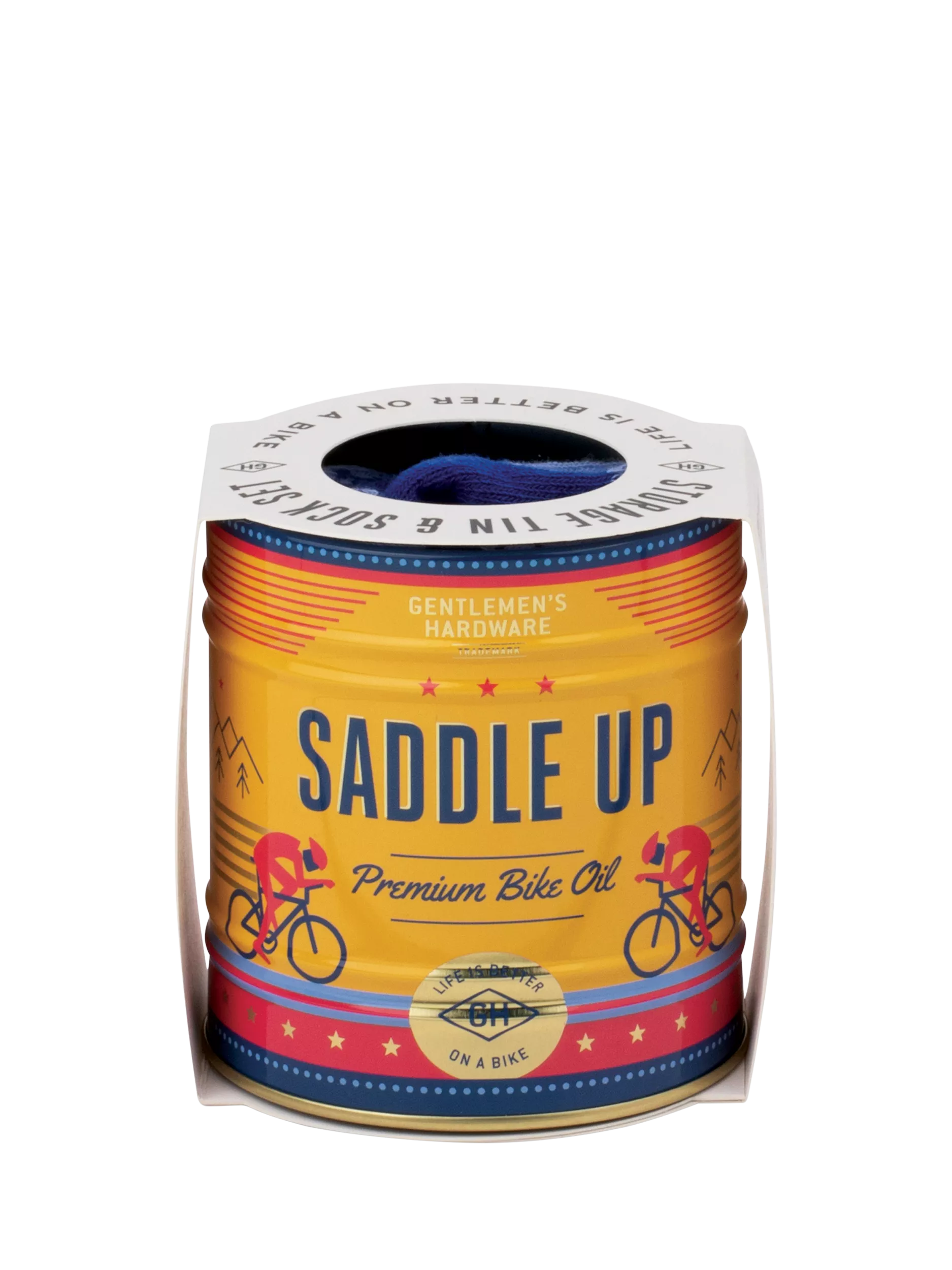 Gentlemen's Hardware blue bike socks in a can, imported from the UK