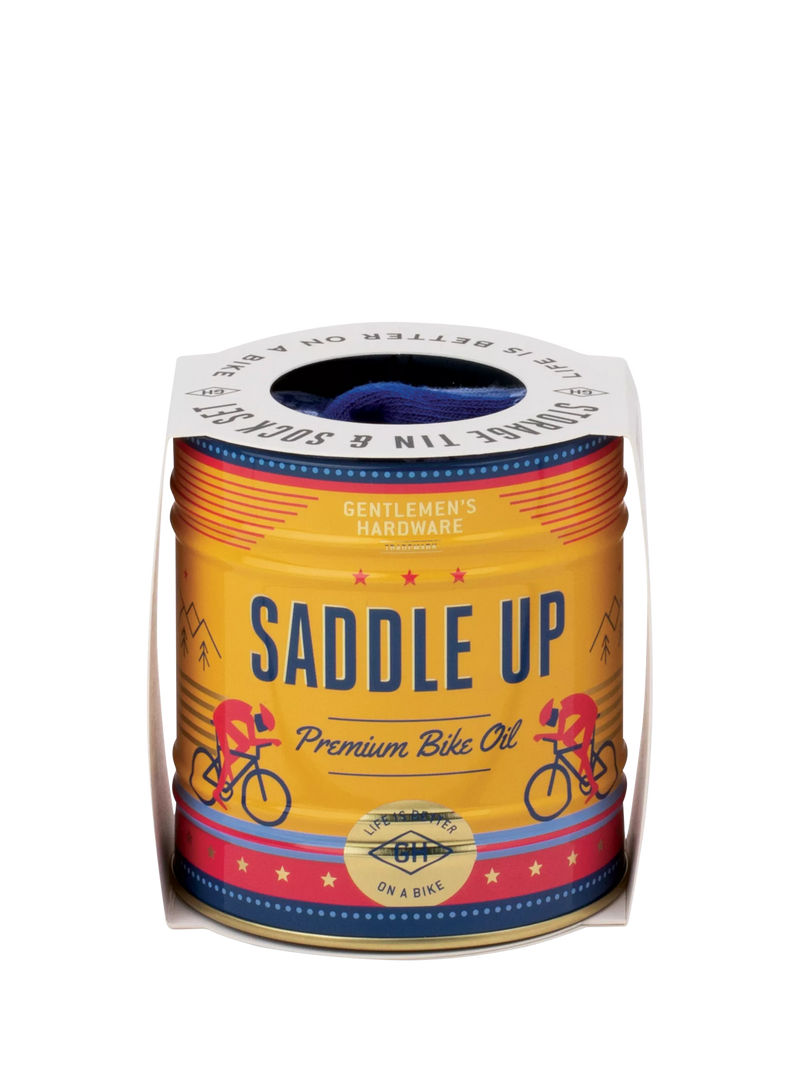 Gentlemen's Hardware blue bike socks in a can, imported from the UK