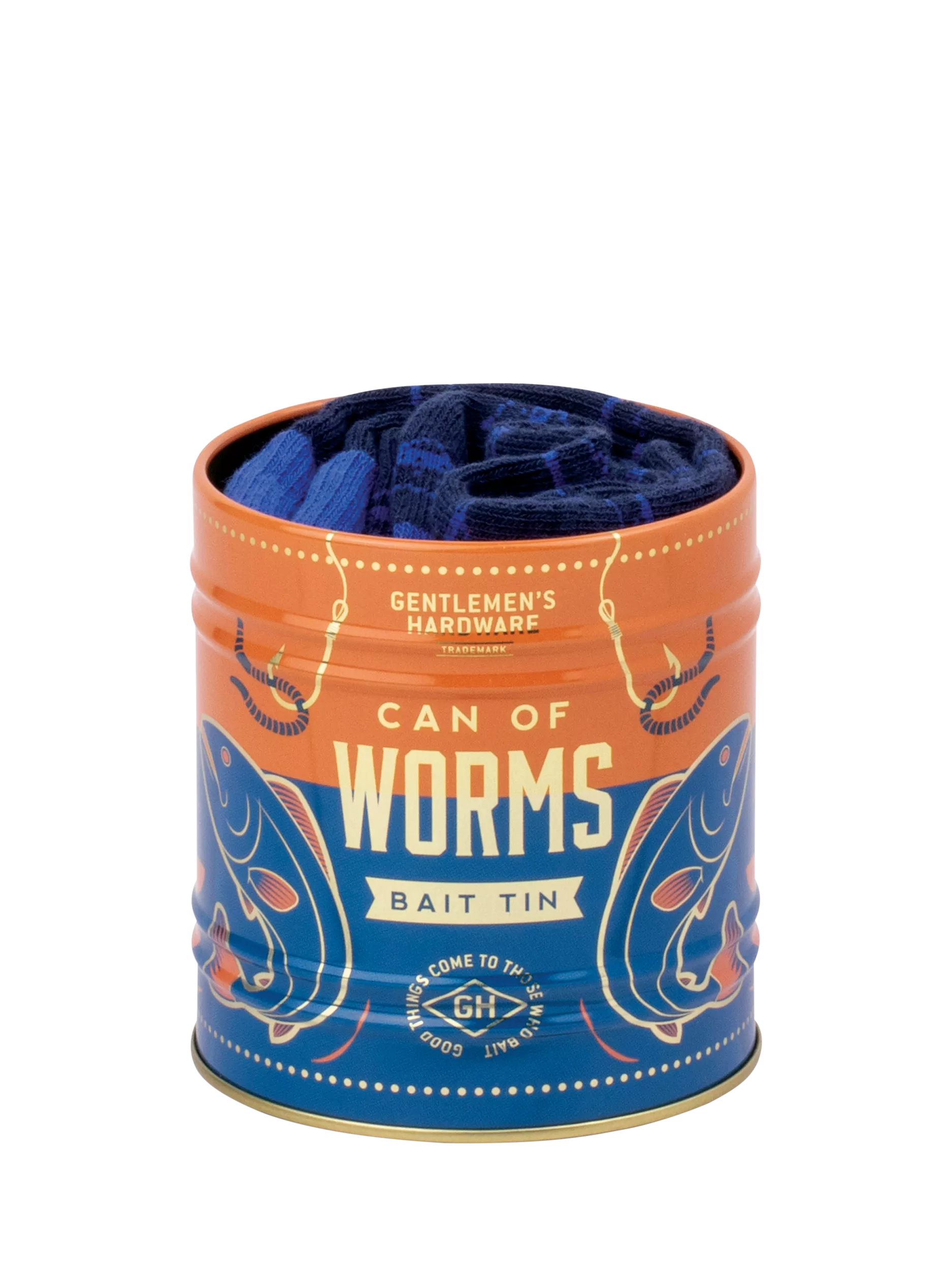 Gentlemen's Hardware fishing socks in a blue can, imported from the UK