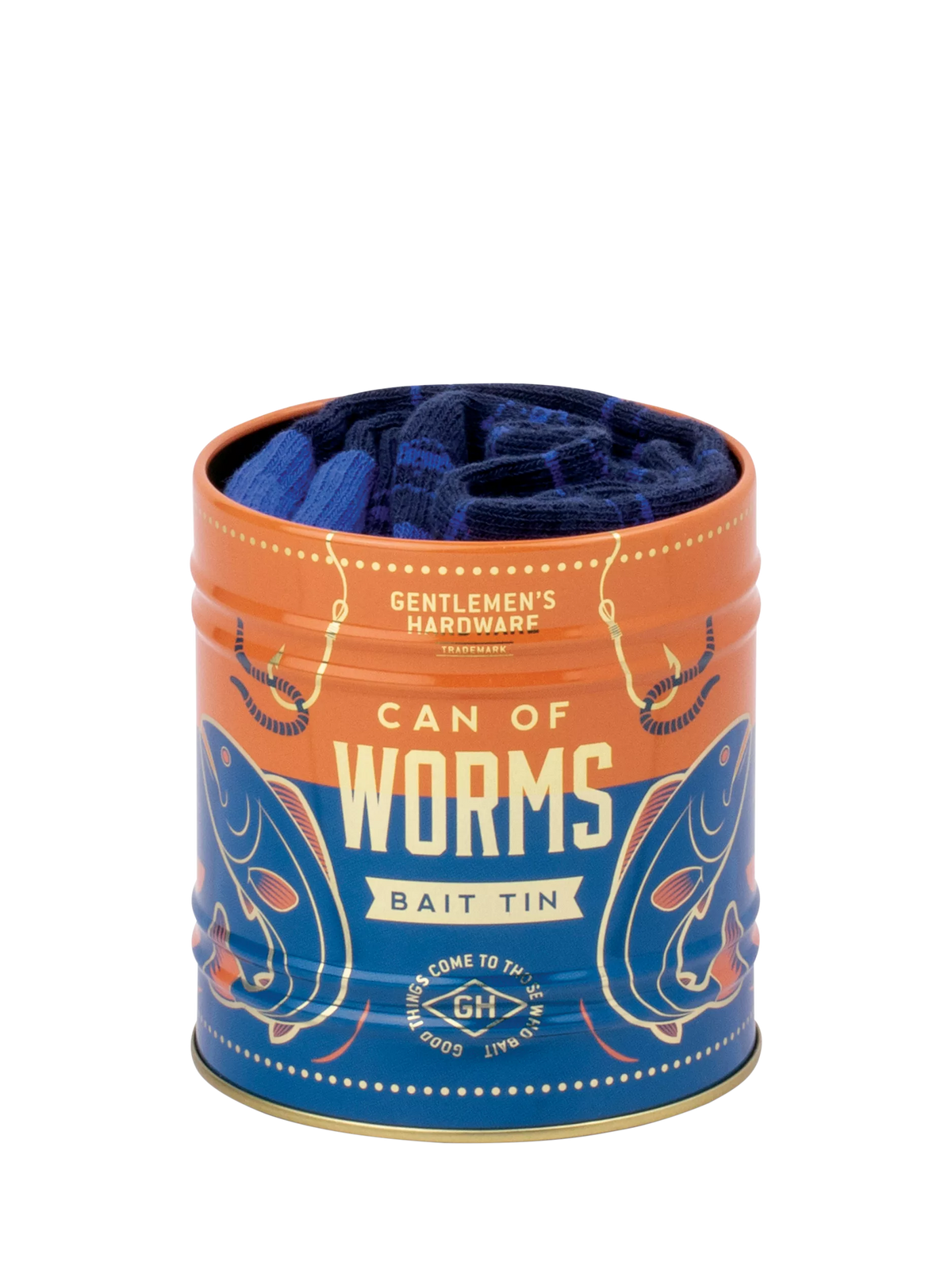 Gentlemen's Hardware fishing socks in a blue can, imported from the UK