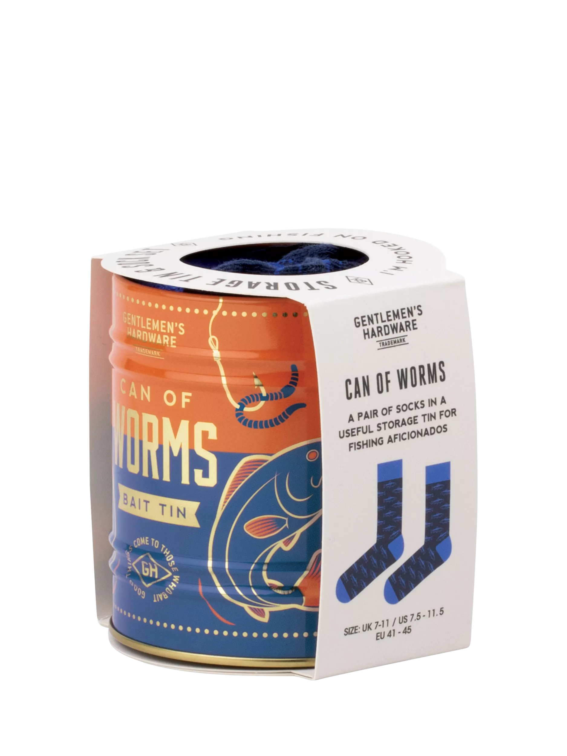 Gentlemen's Hardware fishing socks in a blue can, imported from the UK