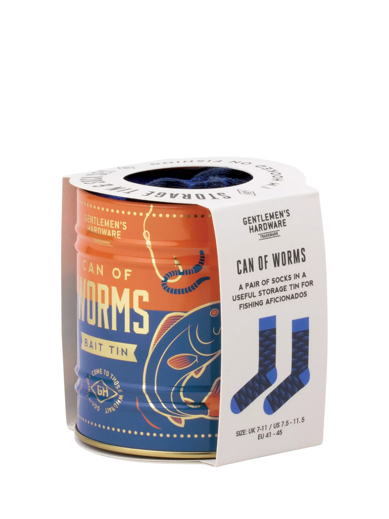 Gentlemen's Hardware fishing socks in a blue can, imported from the UK