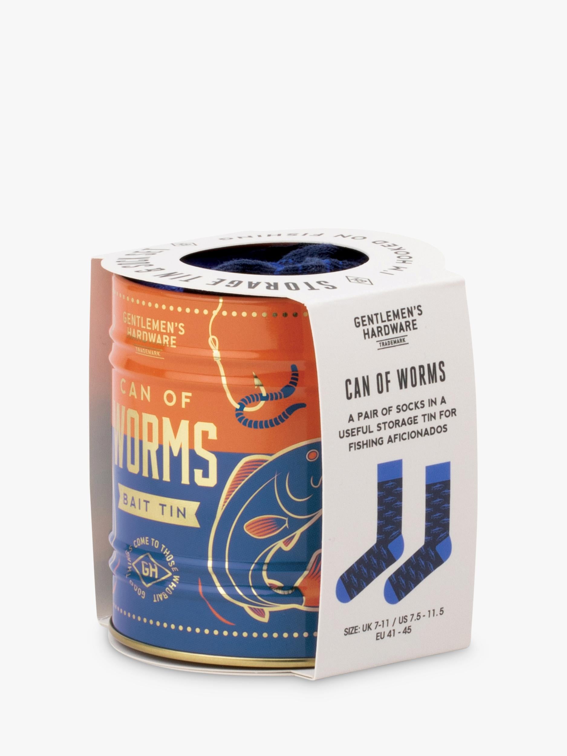 Gentlemen's Hardware fishing socks in a blue can, imported from the UK