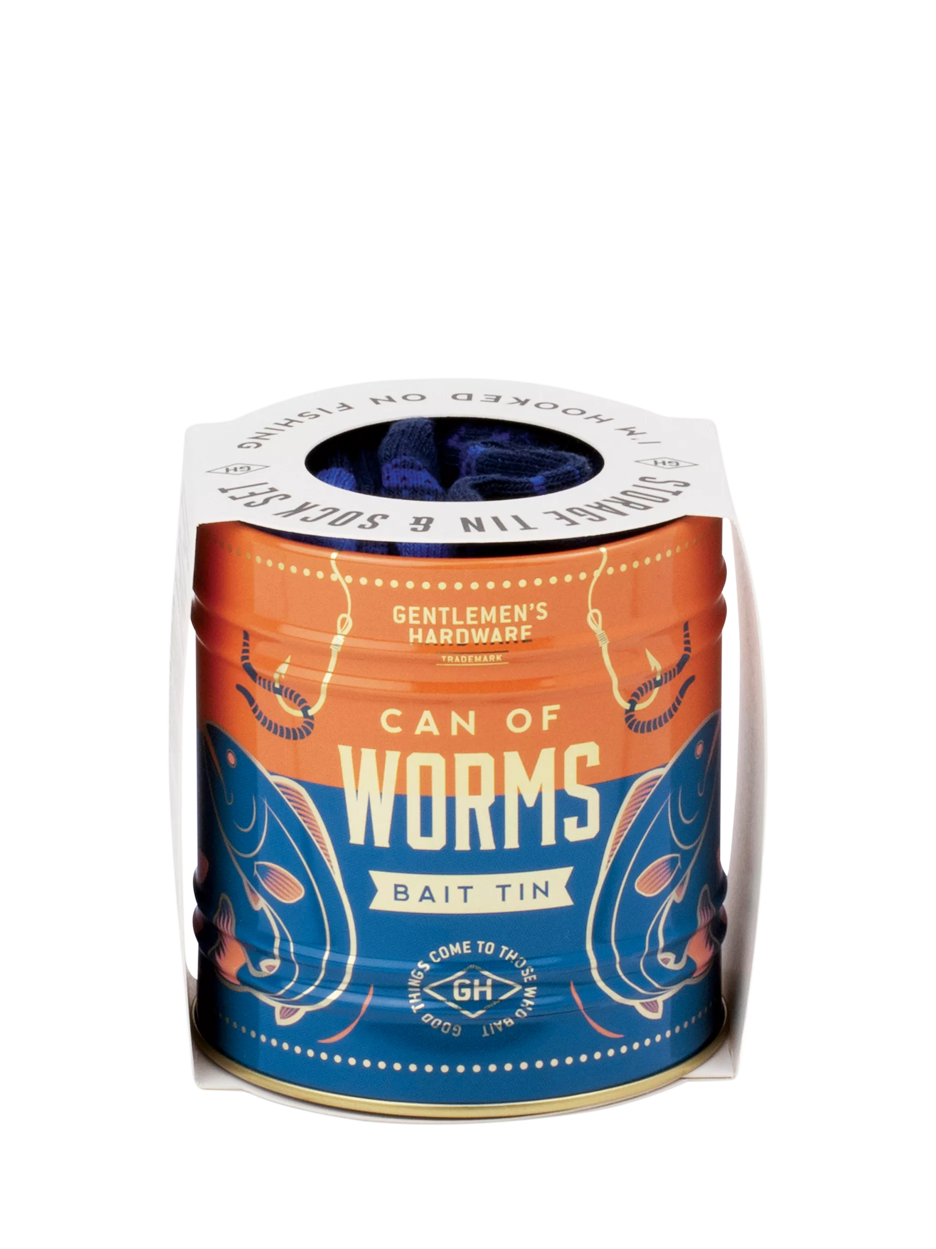 Gentlemen's Hardware fishing socks in a blue can, imported from the UK