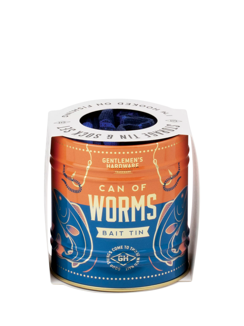 Gentlemen's Hardware fishing socks in a blue can, imported from the UK