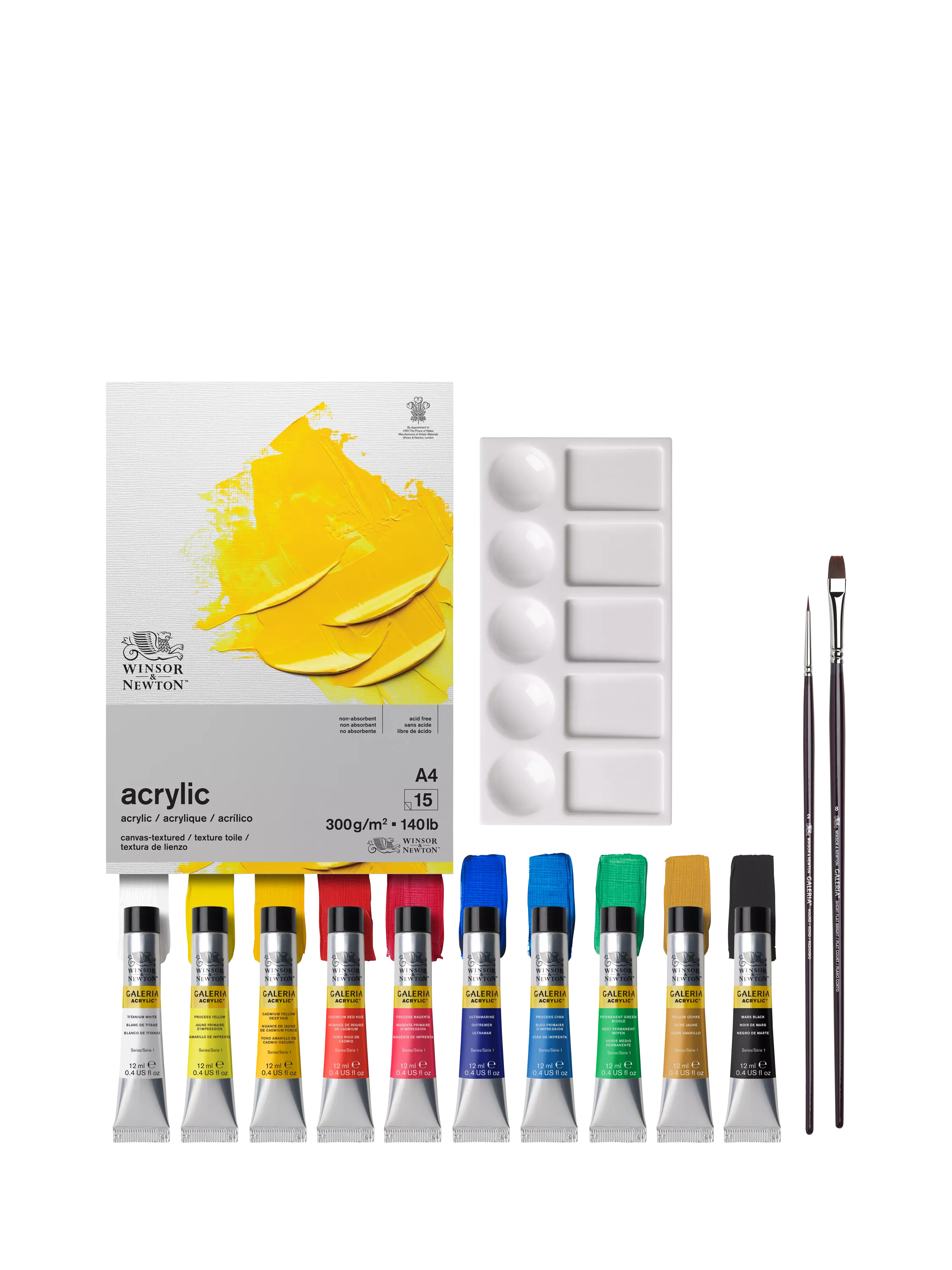 Winsor & Newton acrylic paint essentials set with colours, brushes, and paper pad (British brand)