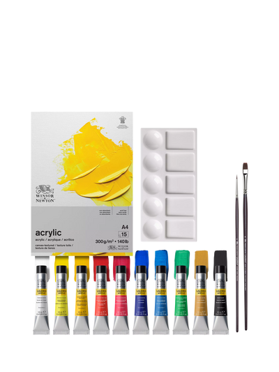 John Lewis Acrylic Paint Essentials Set with 10 Colours, Brushes, and A4 Paper Pad- Buy online at McGrocer