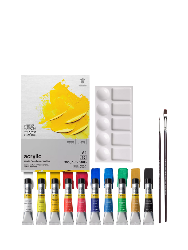 Winsor & Newton acrylic paint essentials set with colours, brushes, and paper pad (British brand)