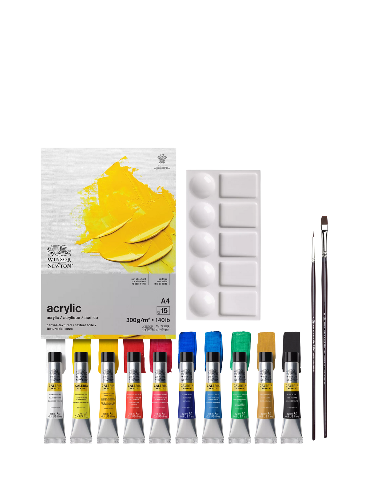 Winsor & Newton acrylic paint essentials set with colours, brushes, and paper pad (British brand)