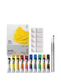 Winsor & Newton acrylic paint essentials set with colours, brushes, and paper pad (British brand)