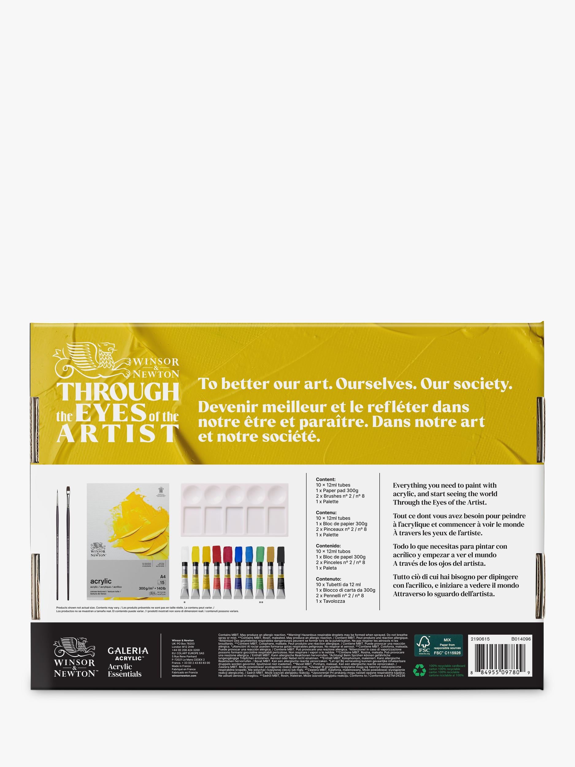 Winsor & Newton acrylic paint essentials set with colours, brushes, and paper pad (British brand)