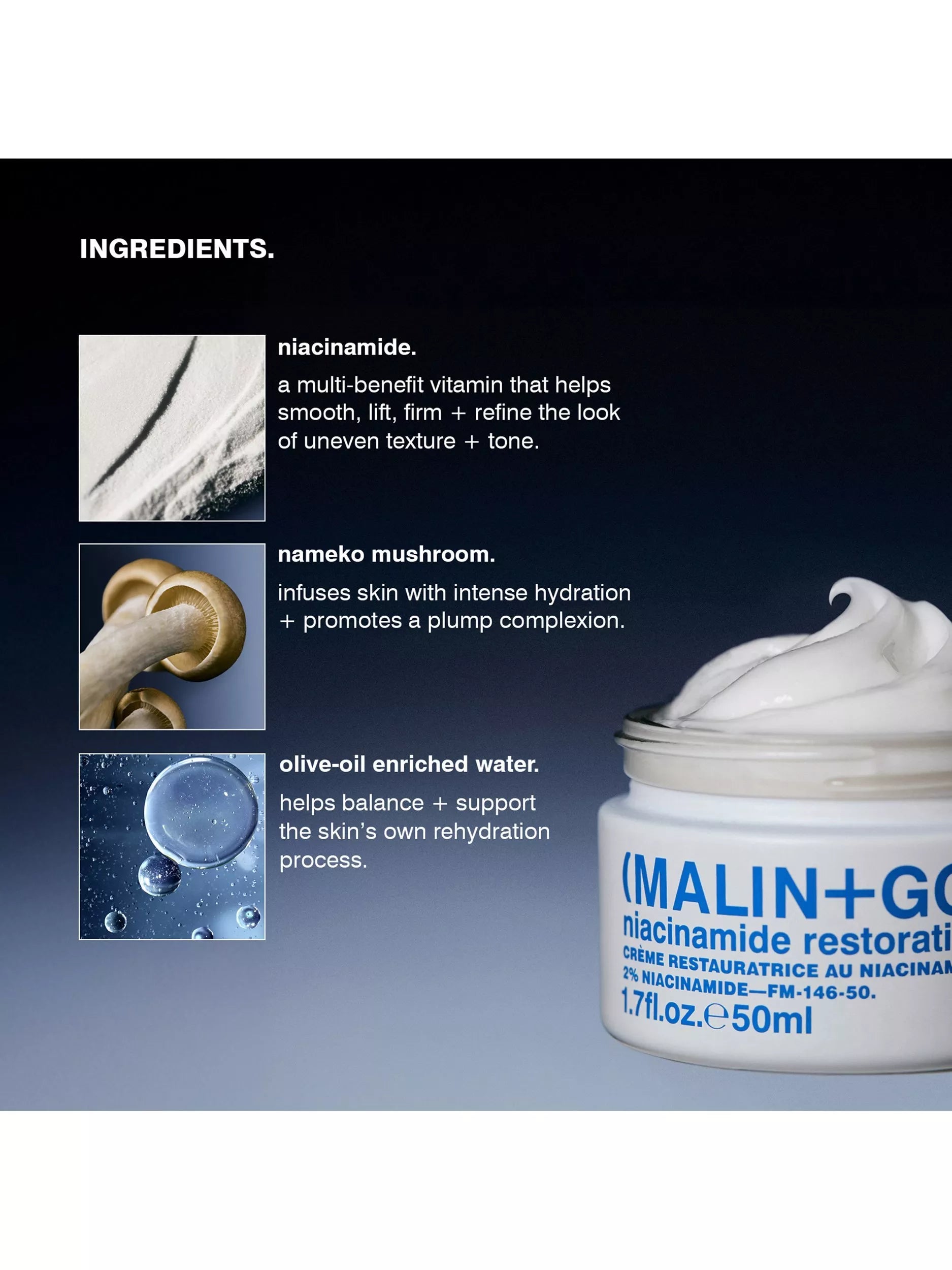 MALIN + GOETZ Niacinamide Restorative Cream 50ml, imported from the UK