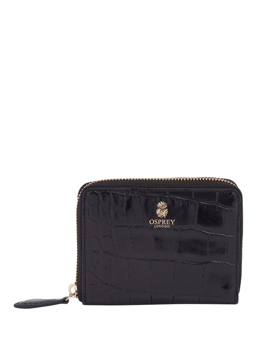 OSPREY LONDON Wentworth croc leather zip purse, black - British product