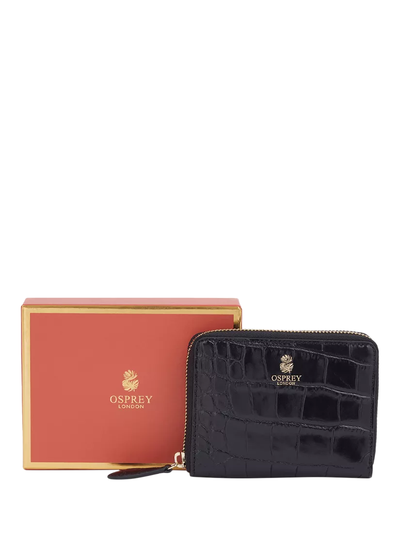 OSPREY LONDON Wentworth croc leather zip purse, black - British product