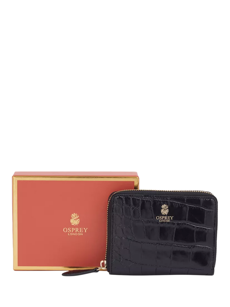 OSPREY LONDON Wentworth croc leather zip purse, black - British product