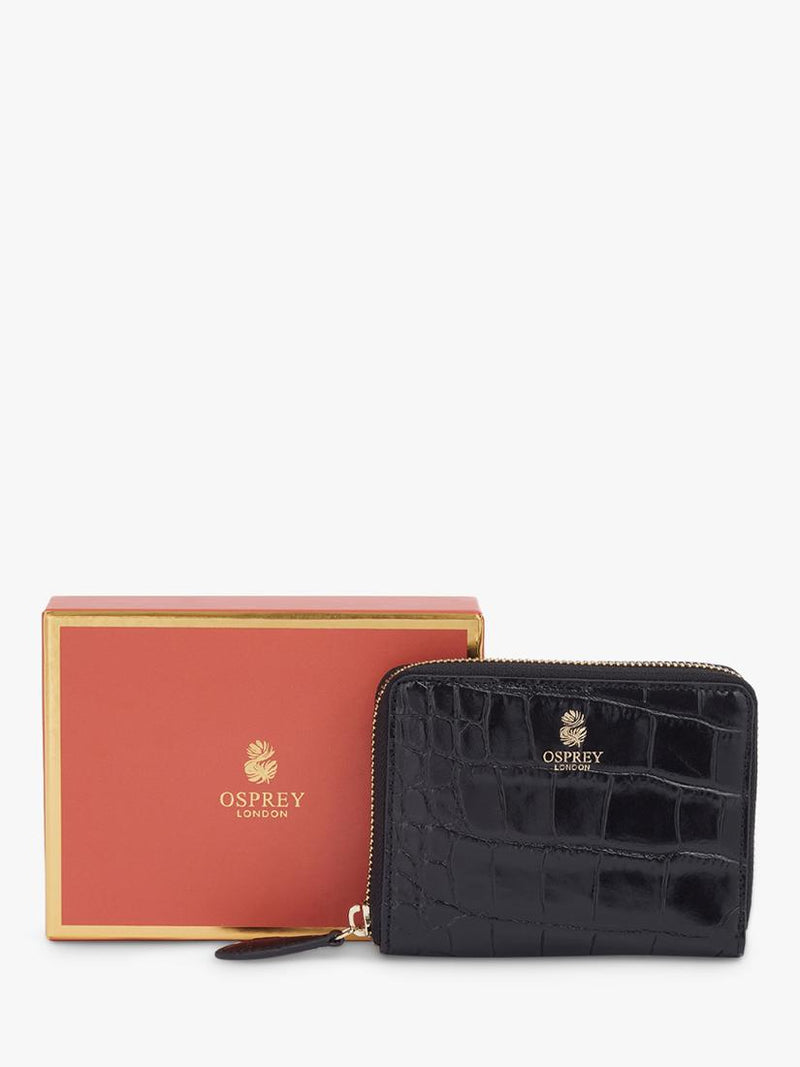 OSPREY LONDON Wentworth croc leather zip purse, black - British product