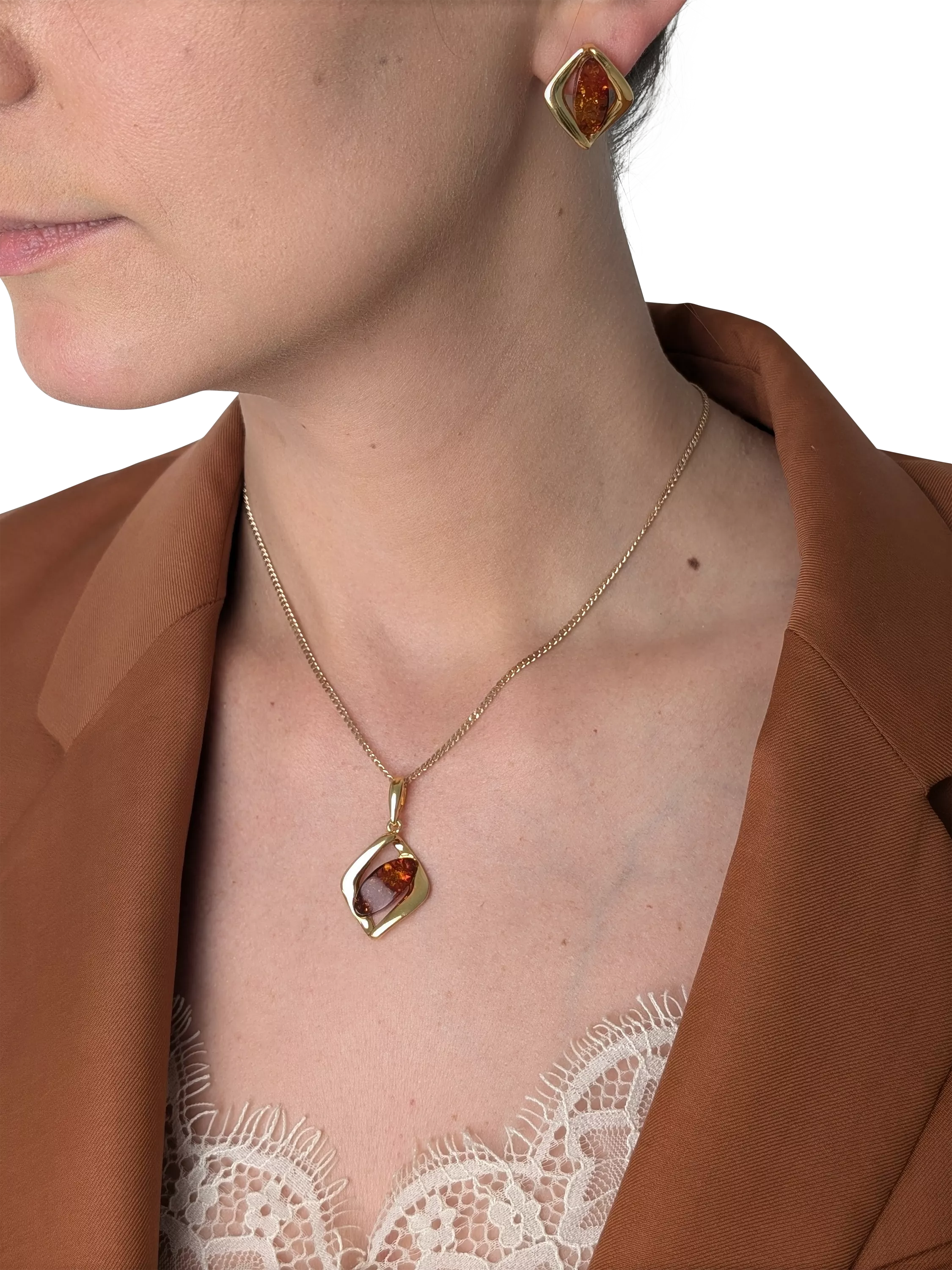 Be-Jewelled Baltic Amber pendant necklace gold/cognac - British product