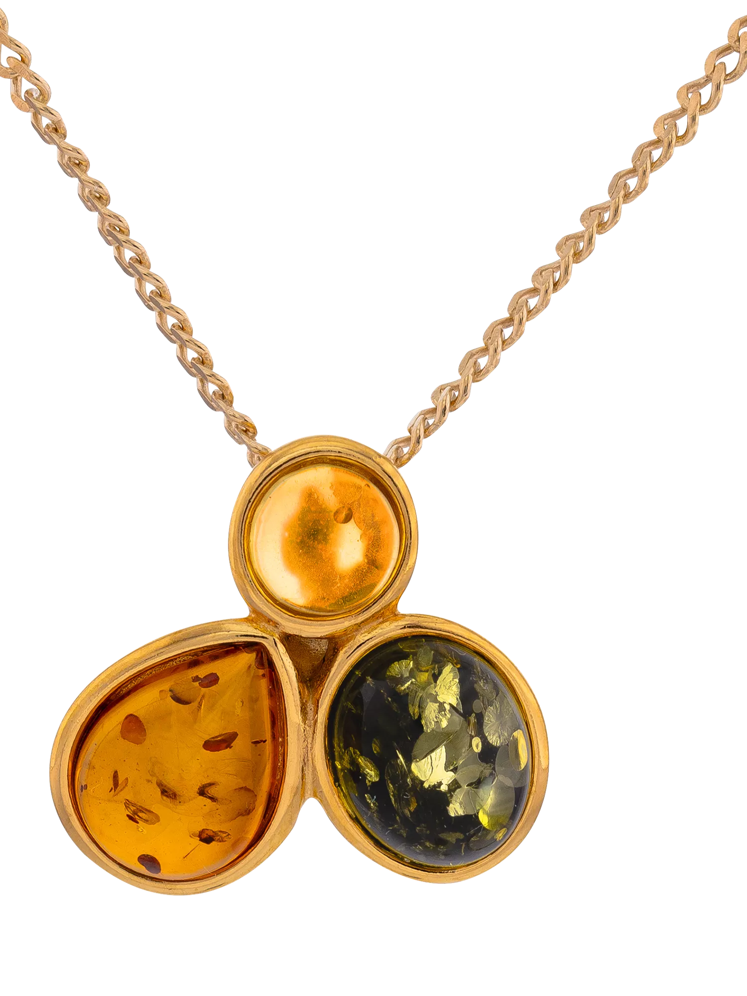 Be-Jewelled 3-stone Baltic amber pendant 46cm chain, imported from the UK