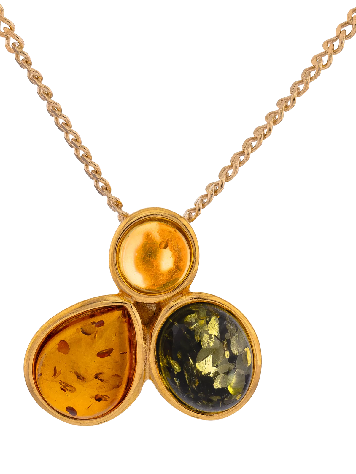 Be-Jewelled 3-stone Baltic amber pendant 46cm chain, imported from the UK