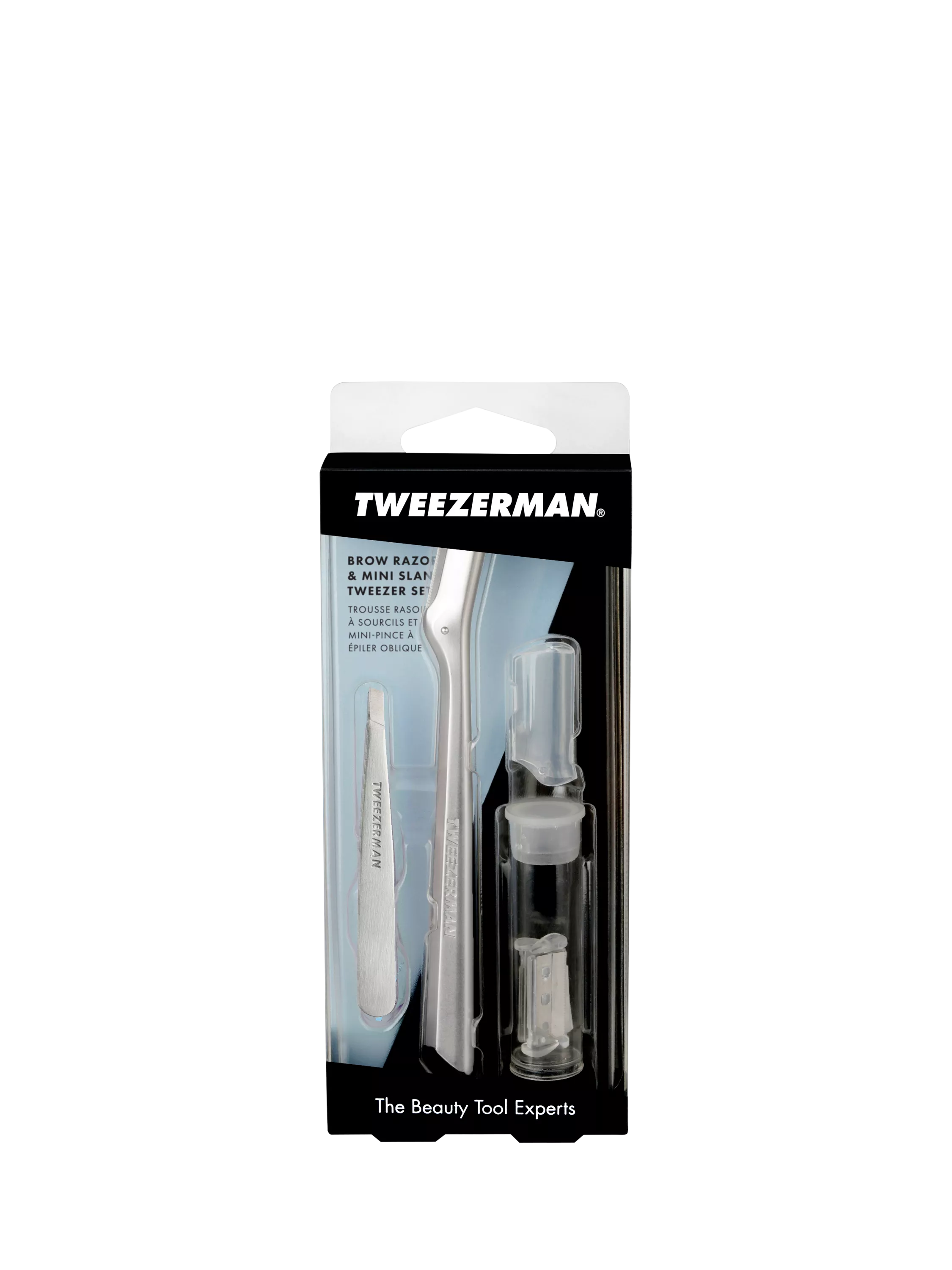 Tweezerman brow grooming set with razor and tweezer, imported from the UK