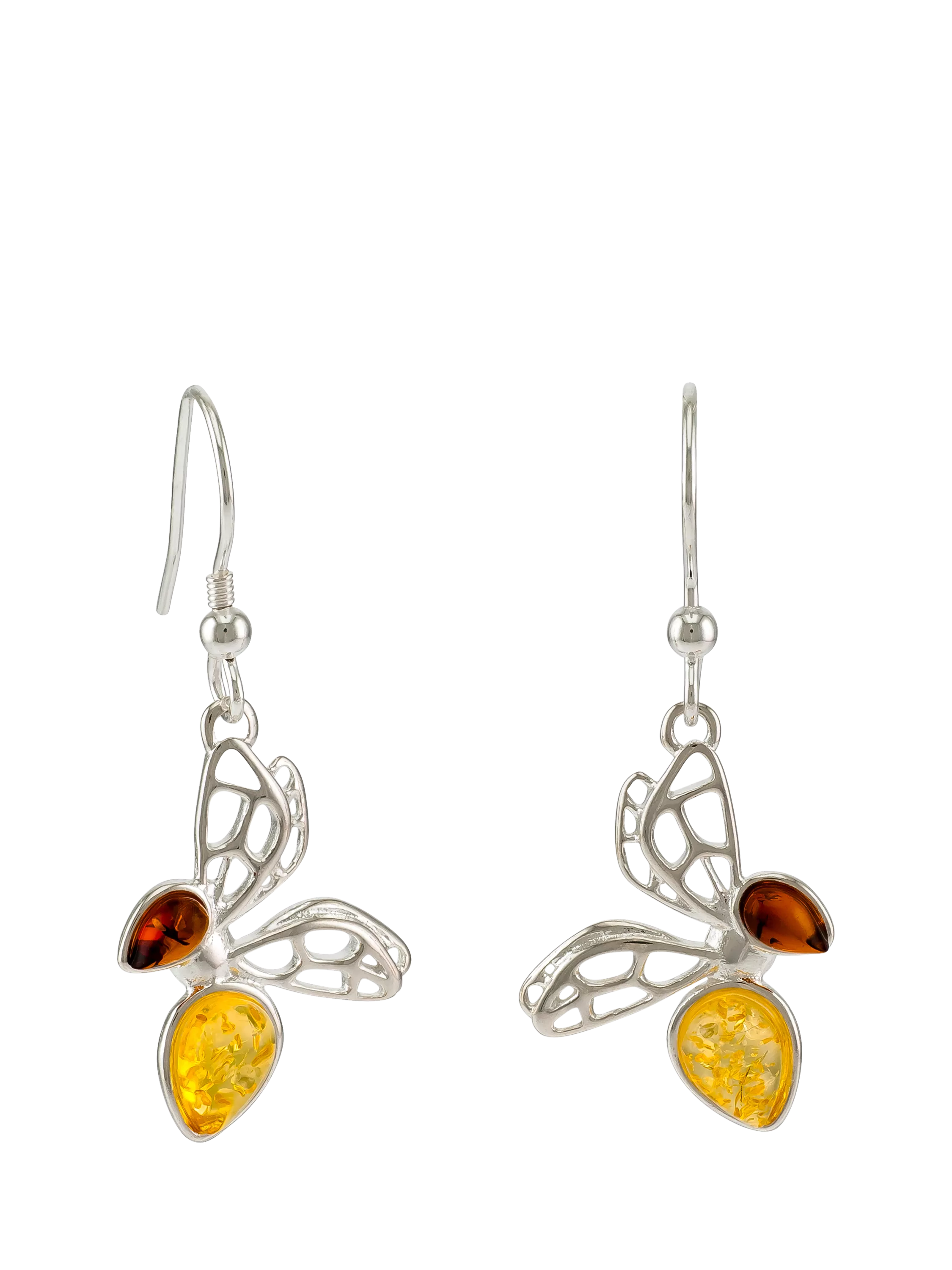 Be-Jewelled sterling silver bee drop earrings with Baltic amber - British product