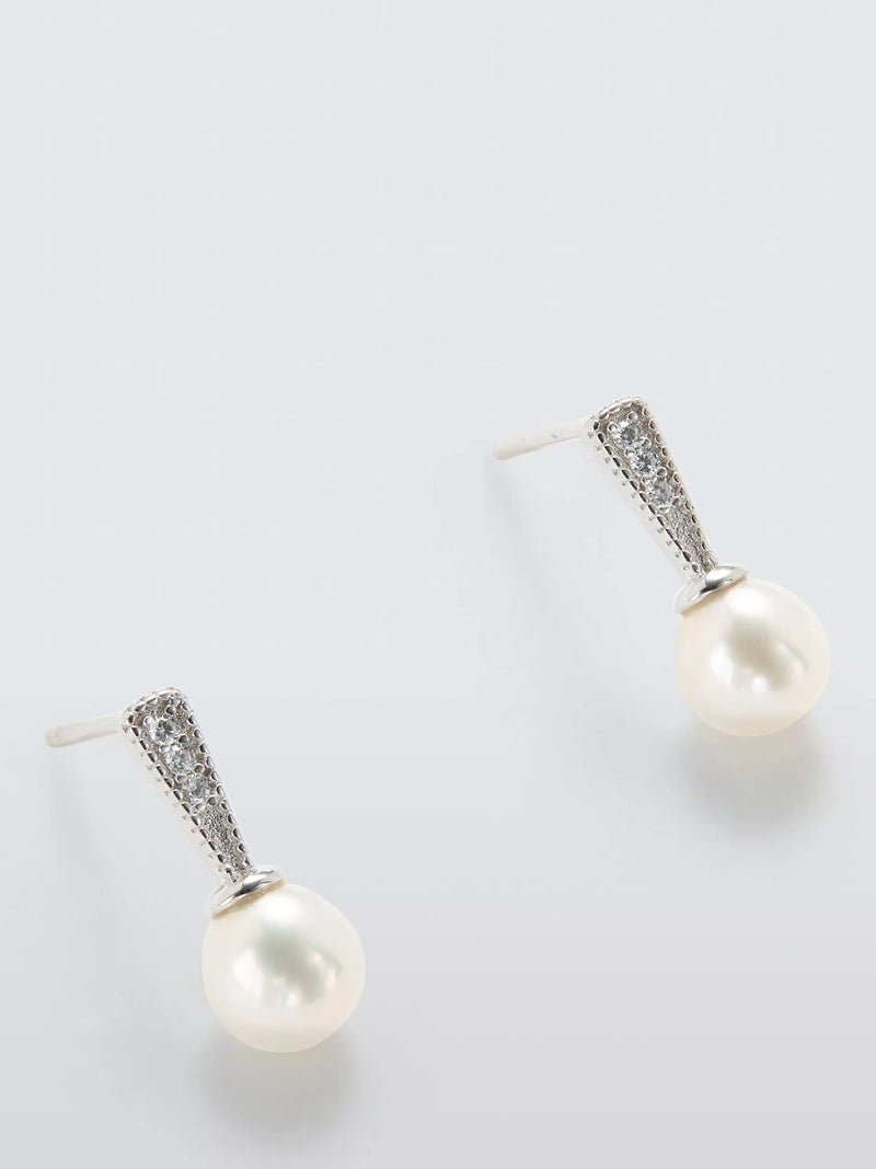 Lido pave cubic zirconia pearl stud earrings, silver (British brand)