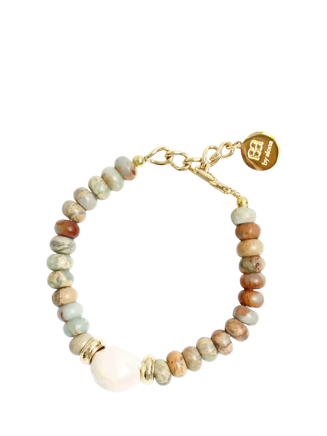 By Alona Lottie gold plated bangle with jasper beads and pearl, UK version