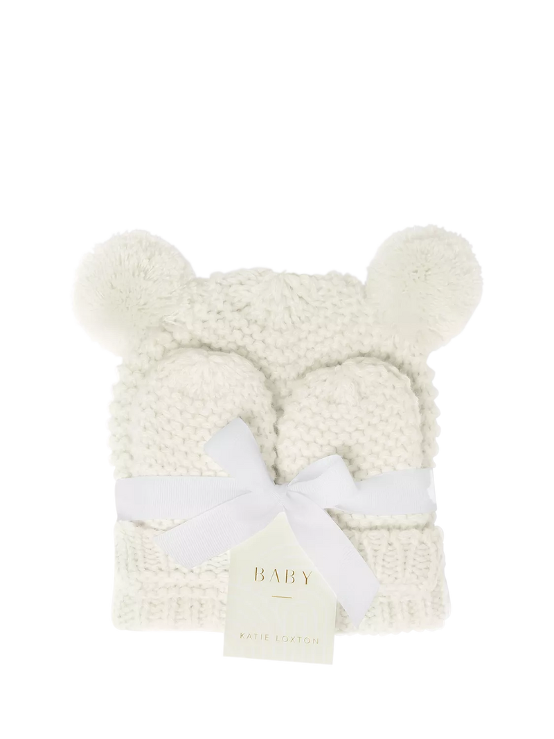 Katie Loxton baby hat and mittens set white, imported from the UK