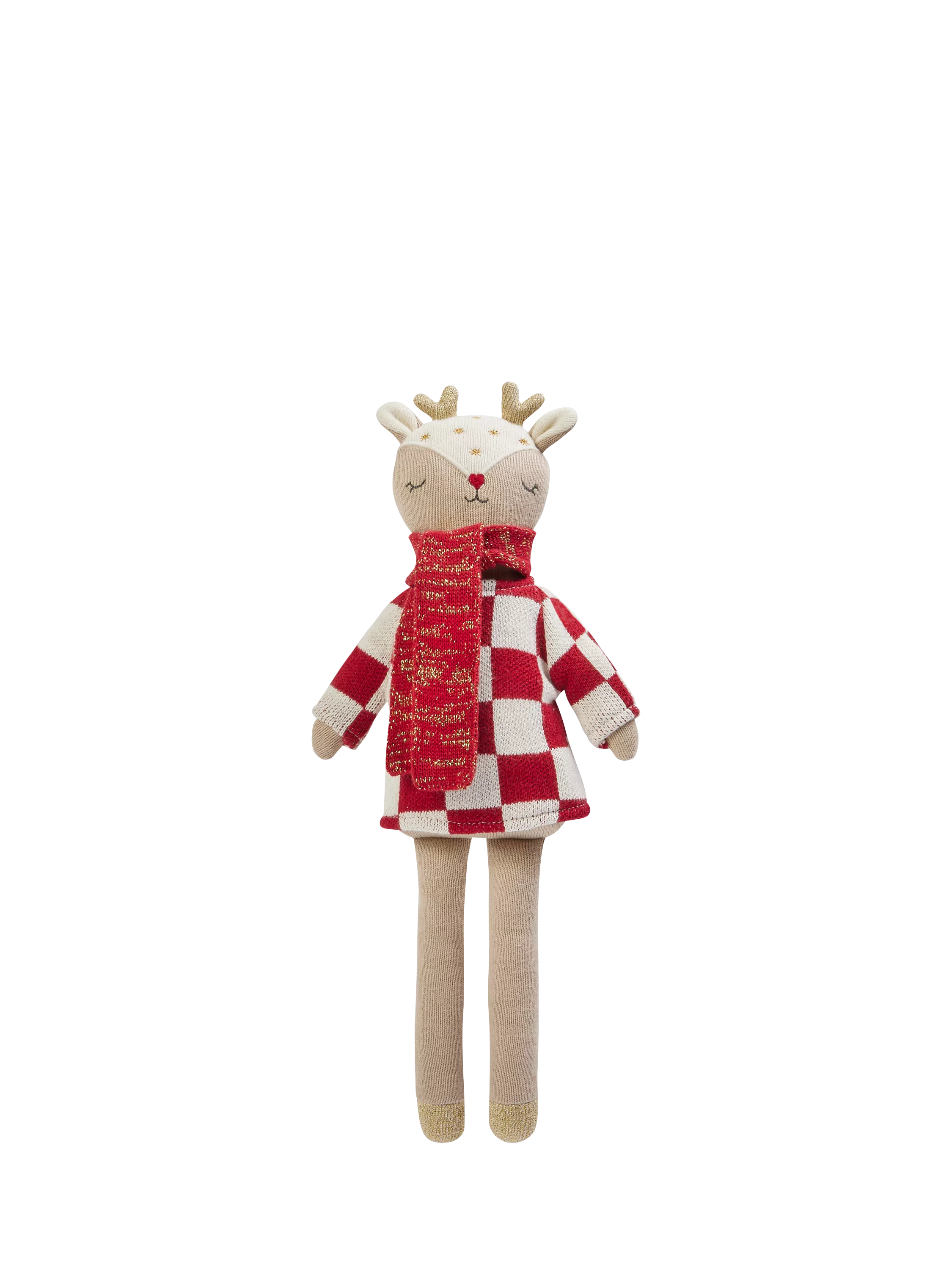 Avery Row knitted reindeer doll with checkerboard jumper and scarf (British brand)