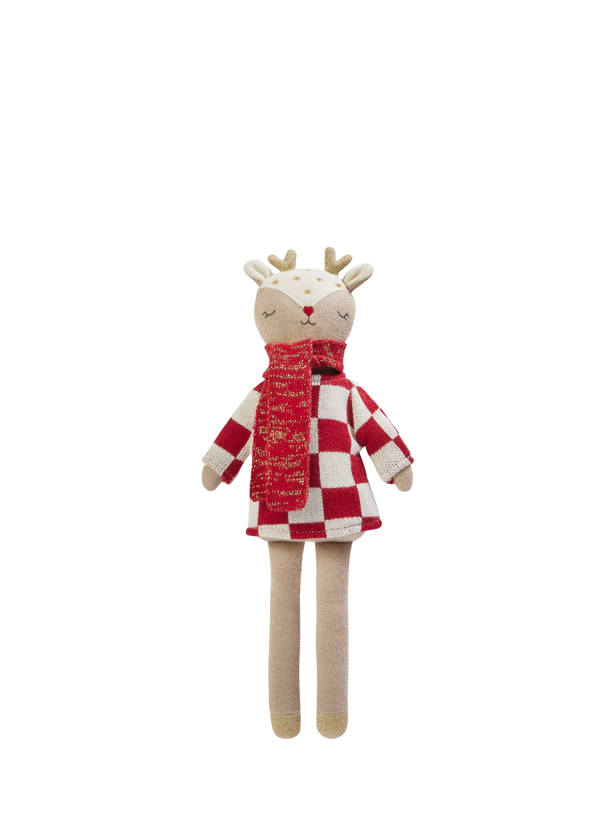 Avery Row knitted reindeer doll with checkerboard jumper and scarf (British brand)