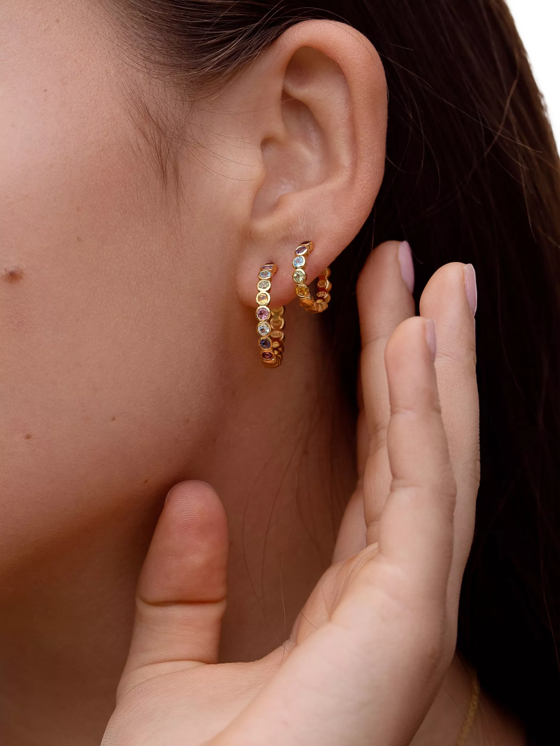 Dower & Hall rainbow huggie hoop earrings gold vermeil, imported from UK