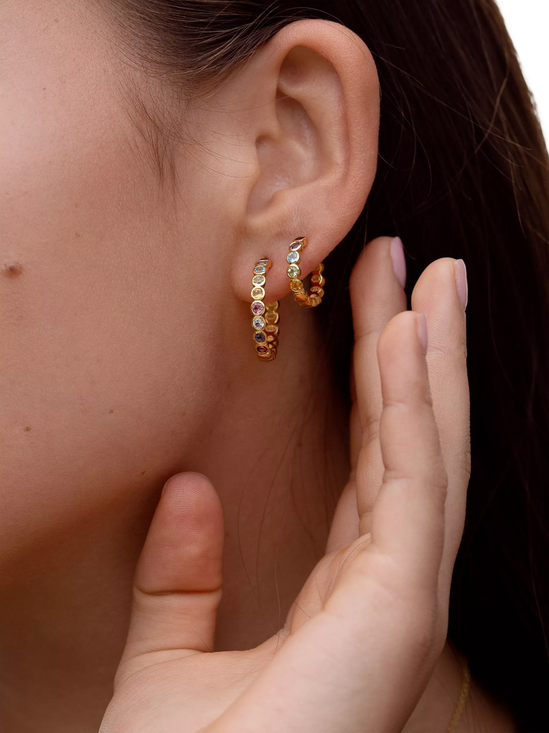 Dower & Hall rainbow huggie hoop earrings gold vermeil, imported from UK
