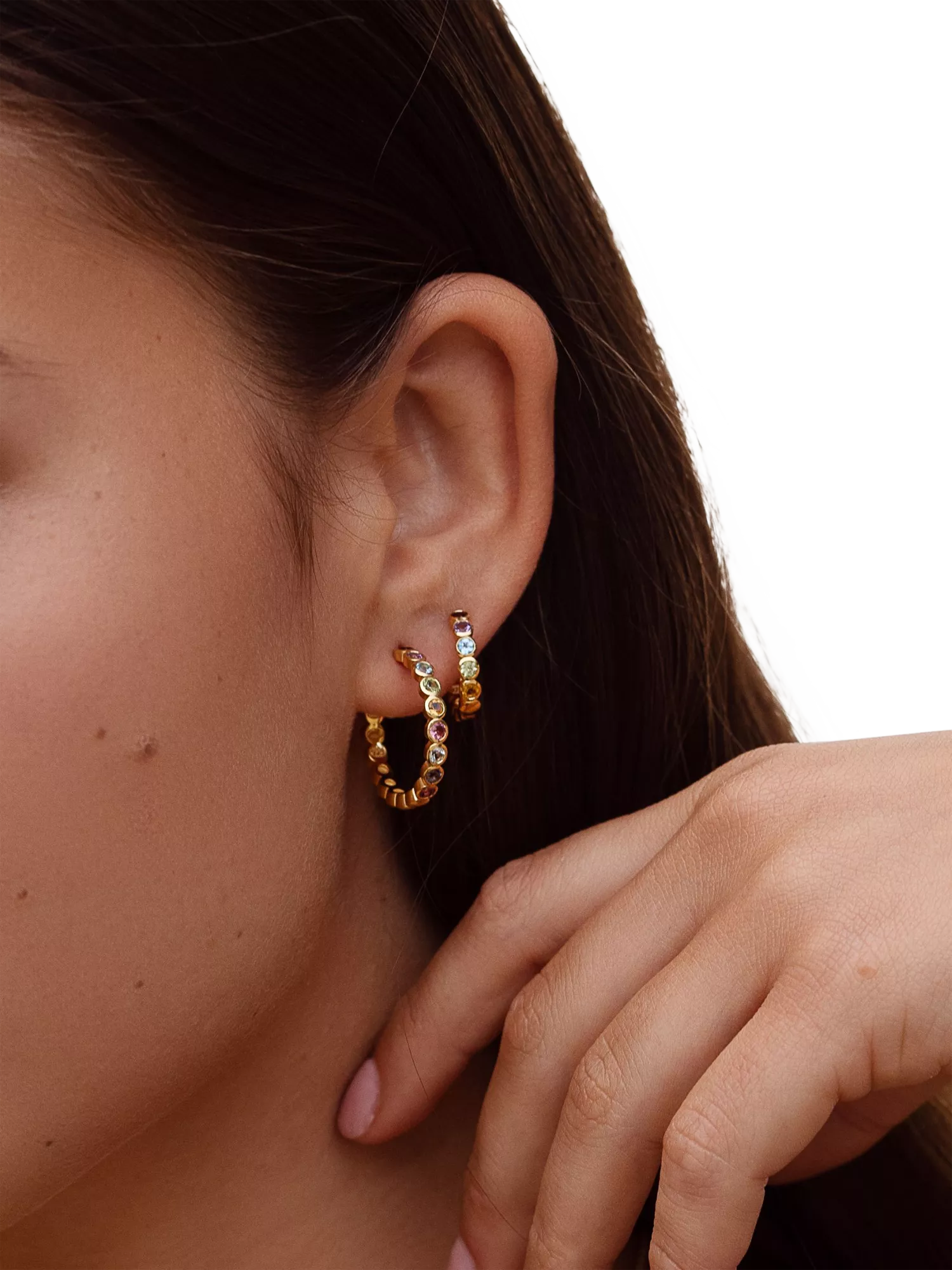 Dower & Hall rainbow huggie hoop earrings gold vermeil, imported from UK