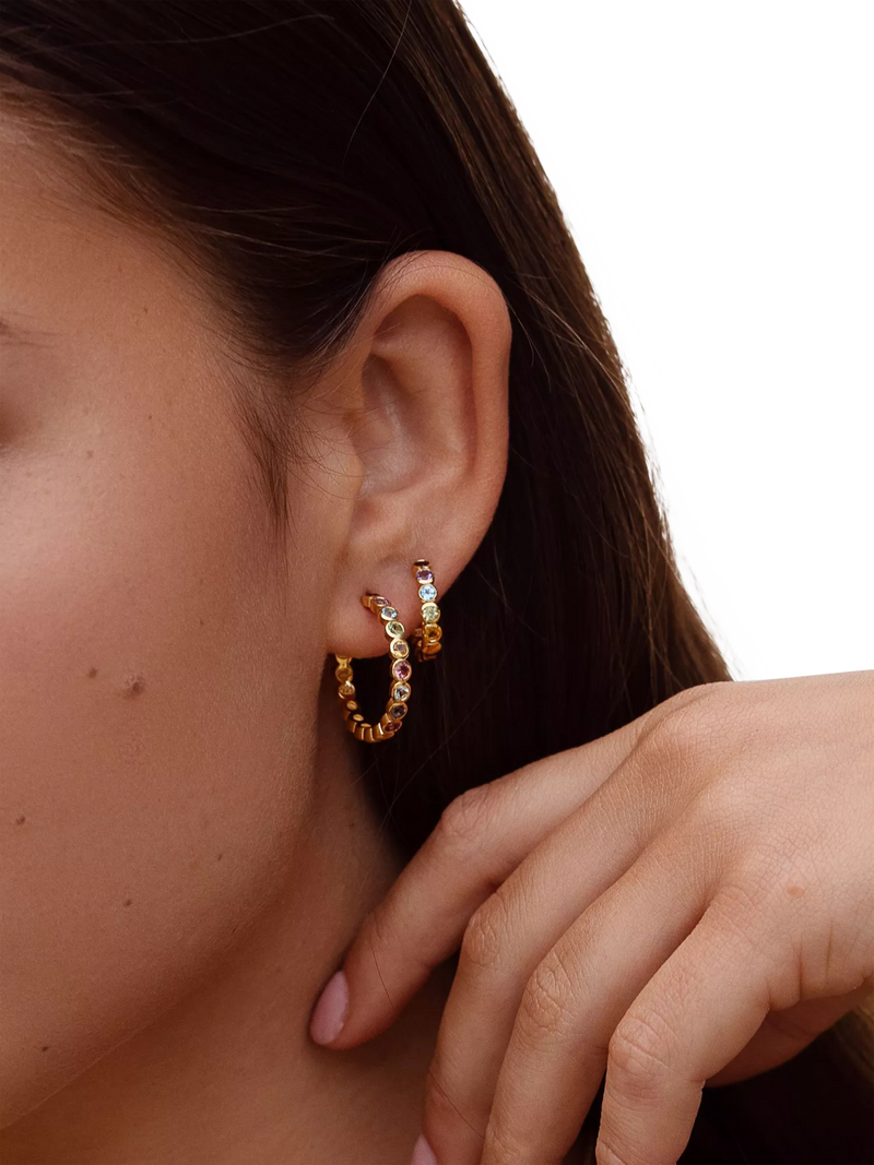 Dower & Hall rainbow huggie hoop earrings gold vermeil, imported from UK