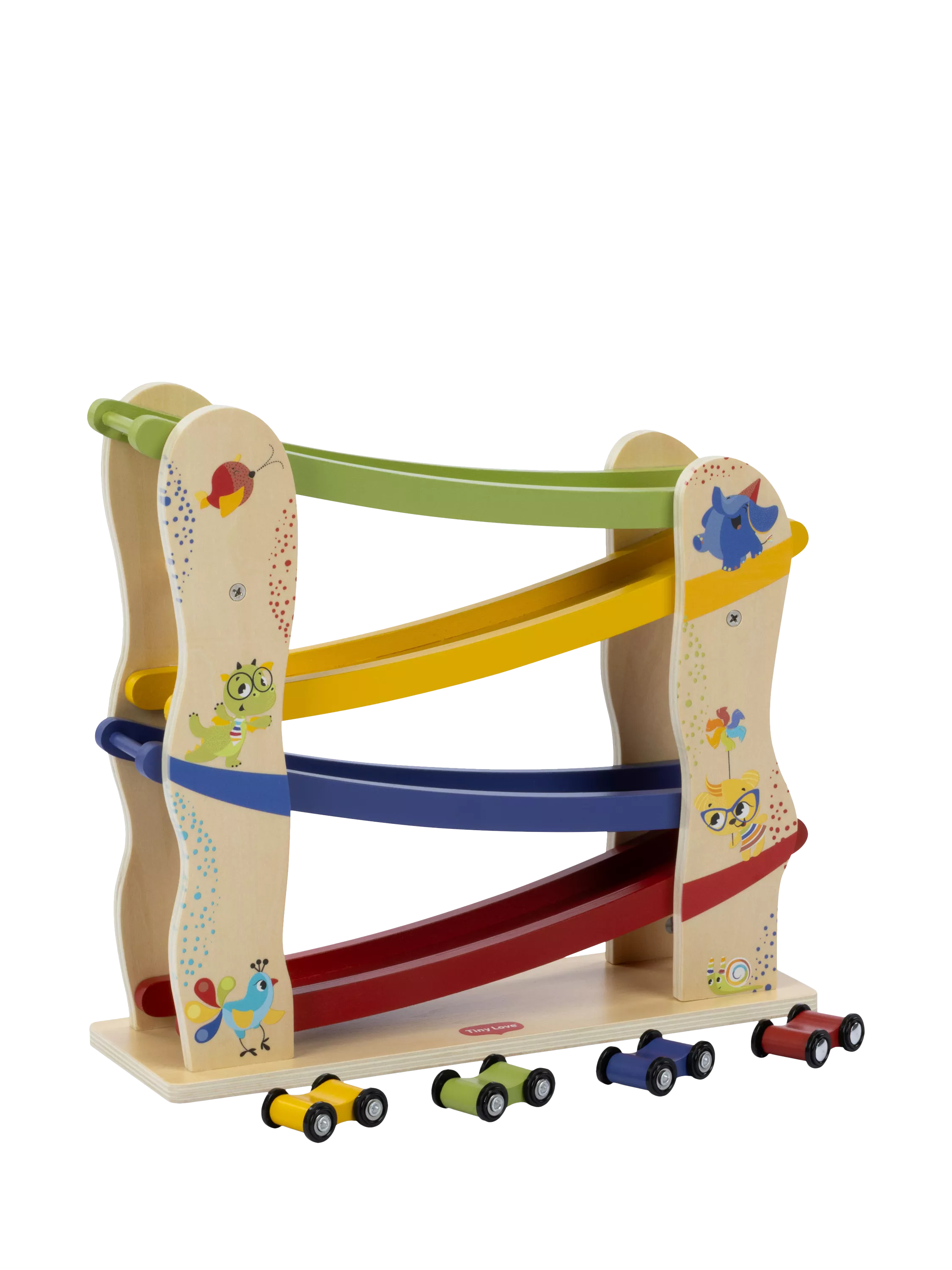 Tiny Love wooden race car ramp with 4 cars (British brand)