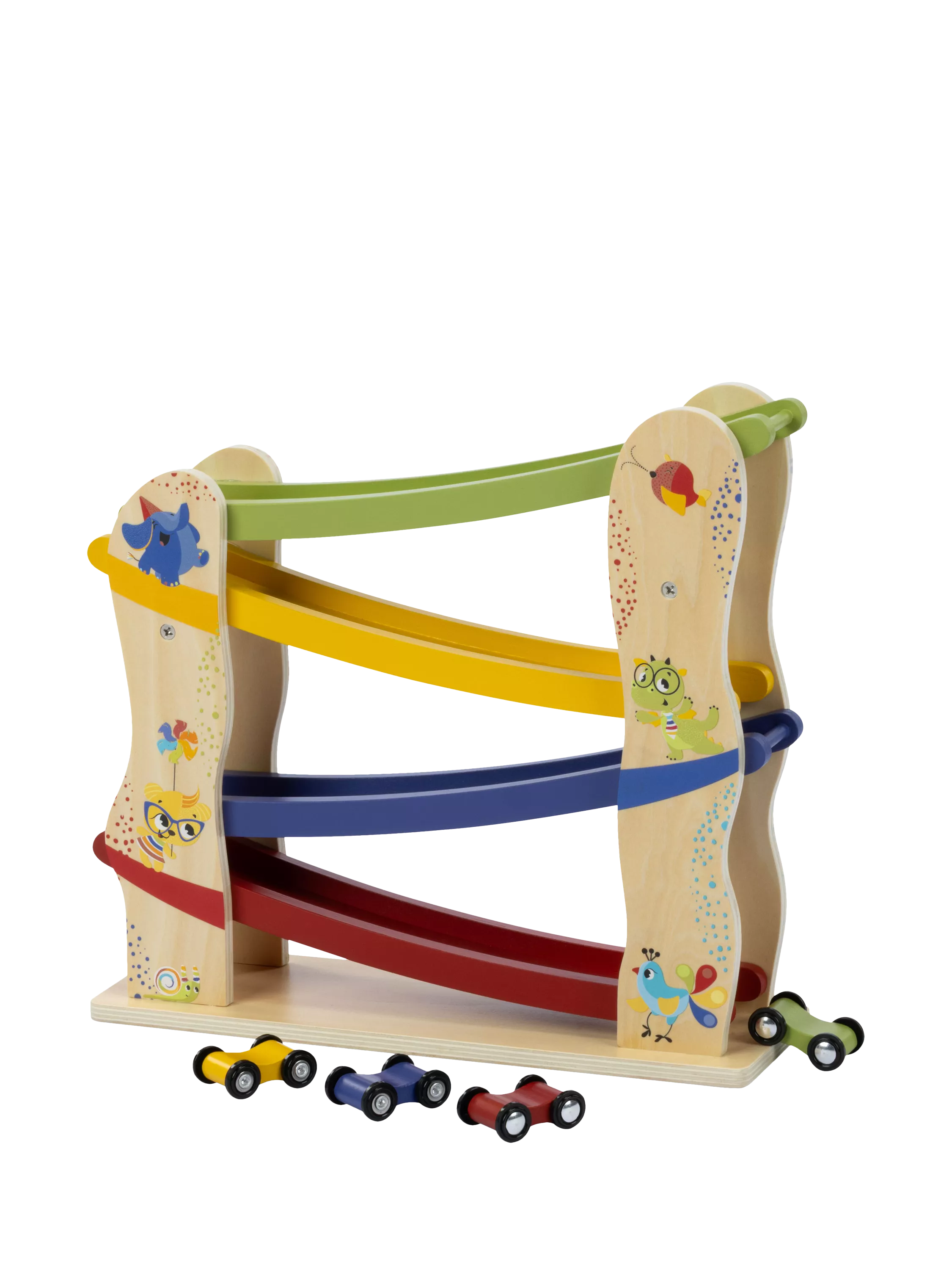Tiny Love wooden race car ramp with 4 cars (British brand)