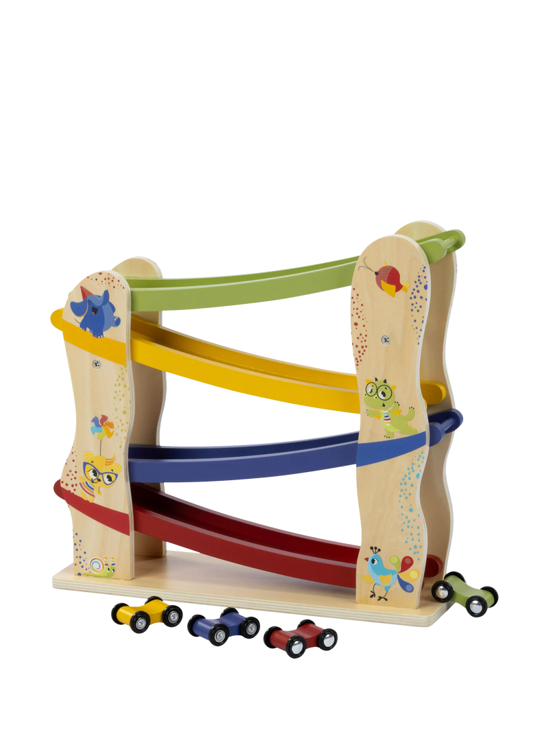 Tiny Love wooden race car ramp with 4 cars (British brand)