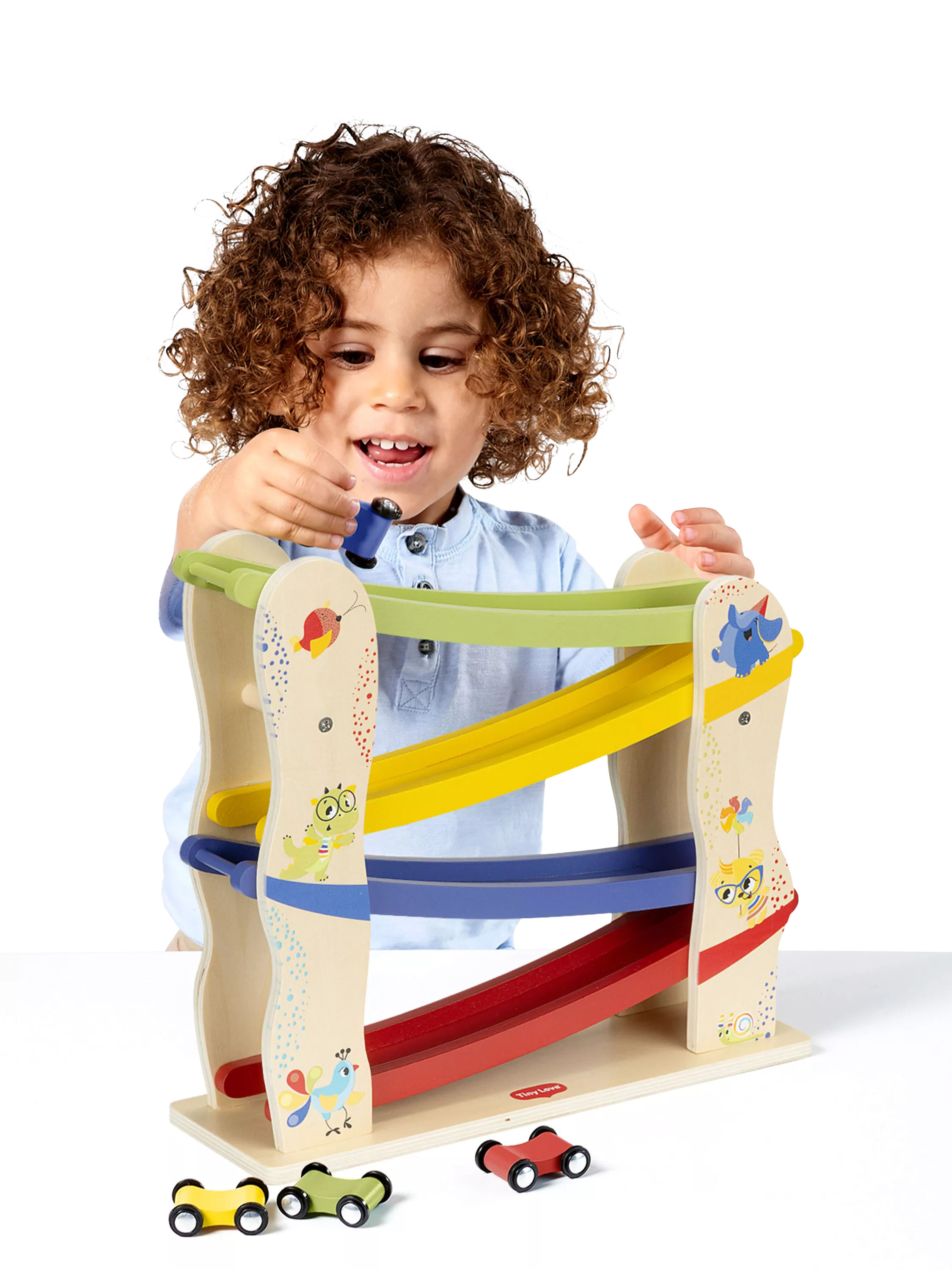 Tiny Love wooden race car ramp with 4 cars (British brand)