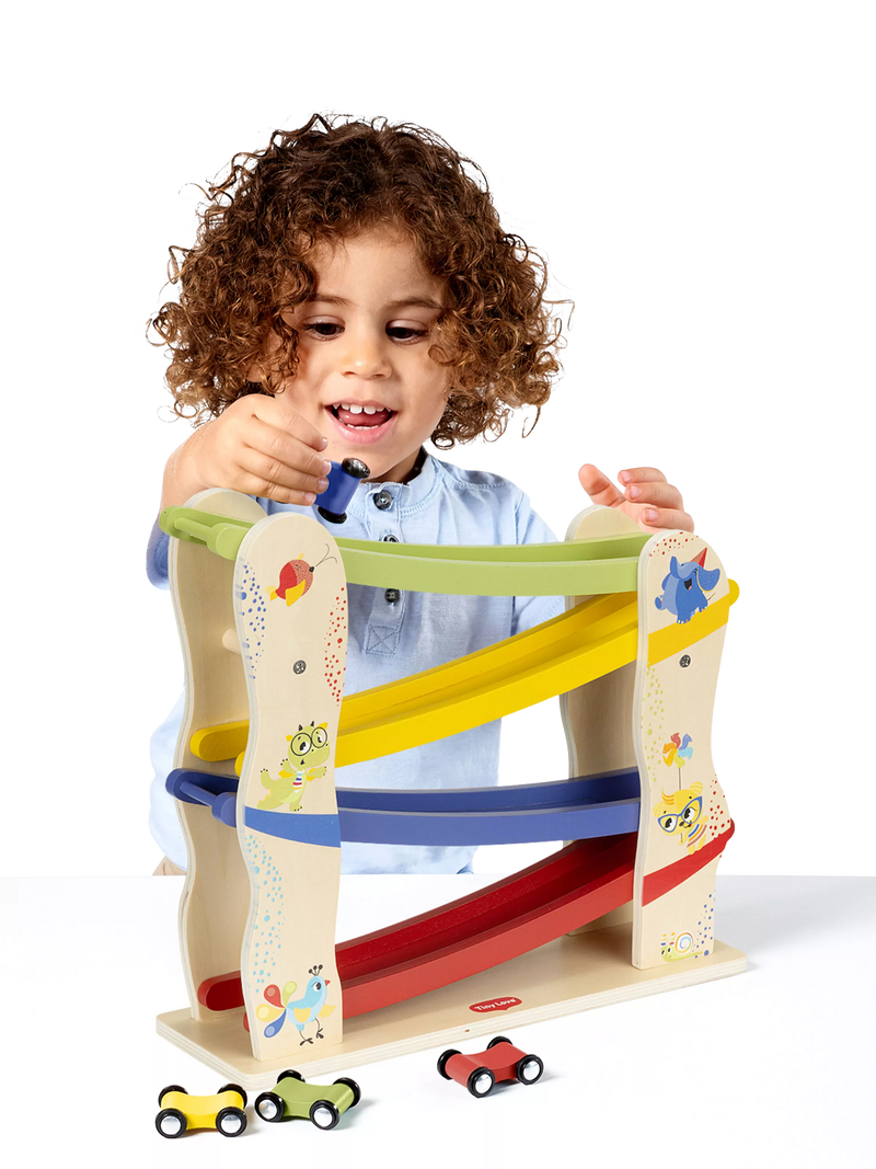 Tiny Love wooden race car ramp with 4 cars (British brand)