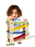 Tiny Love wooden race car ramp with 4 cars (British brand)
