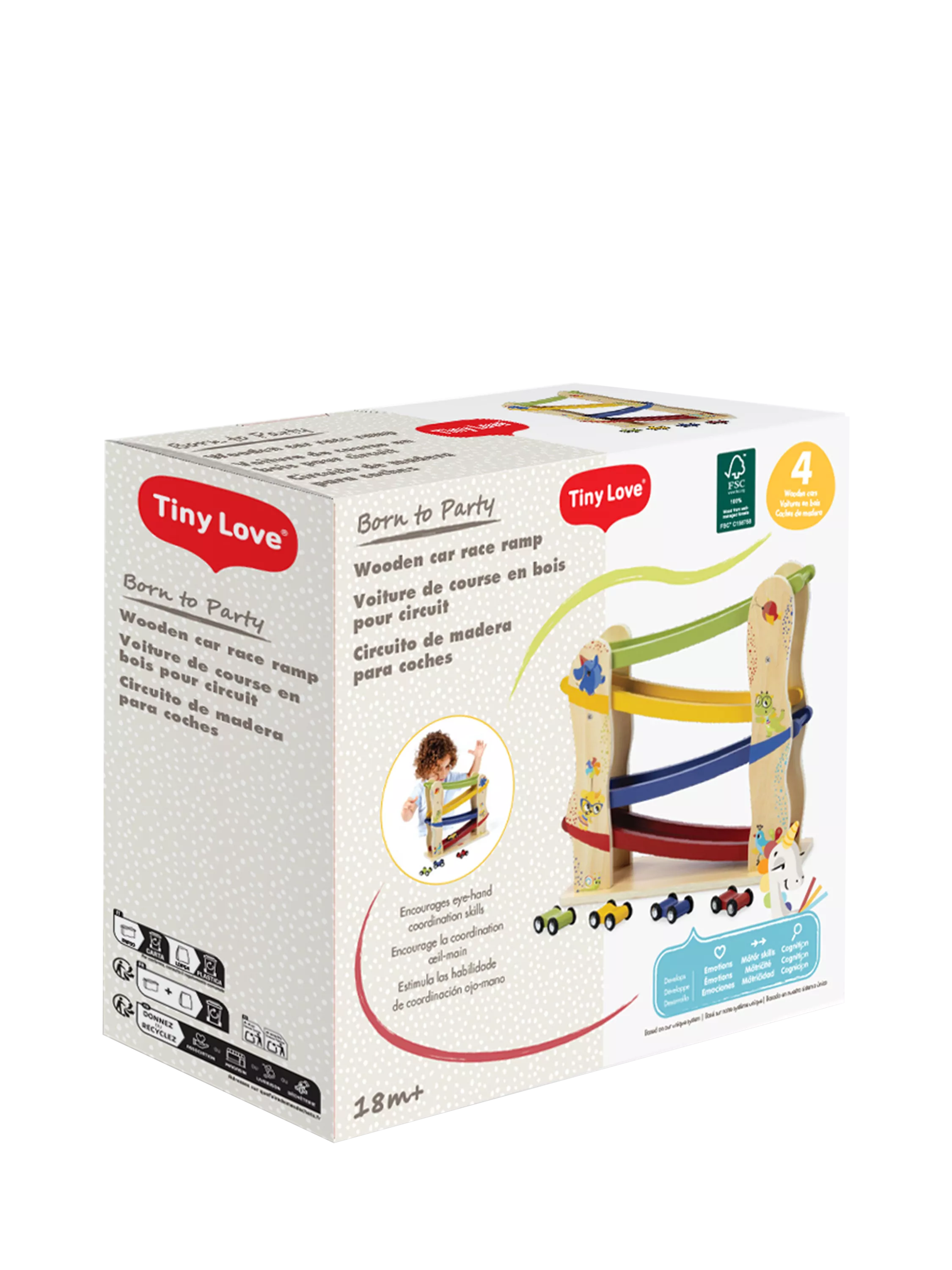Tiny Love wooden race car ramp with 4 cars (British brand)