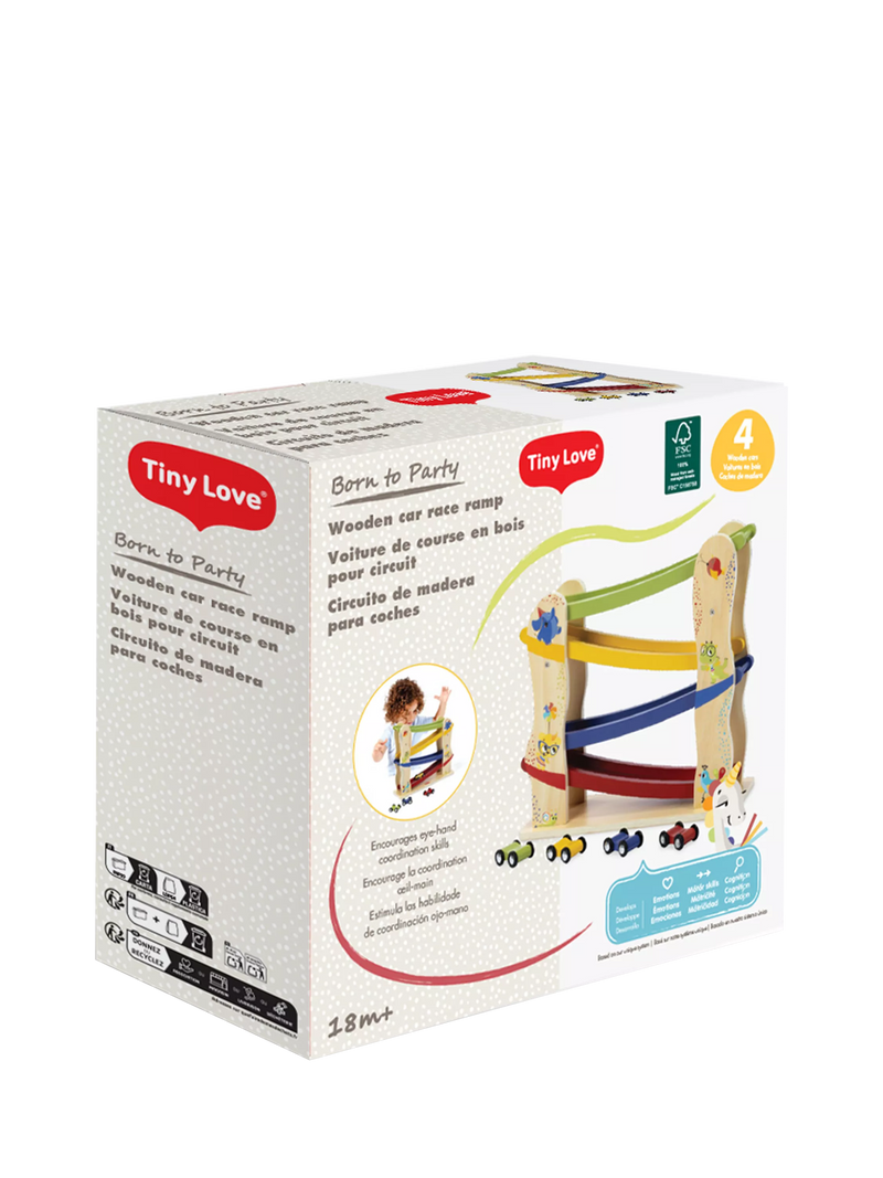 Tiny Love wooden race car ramp with 4 cars (British brand)