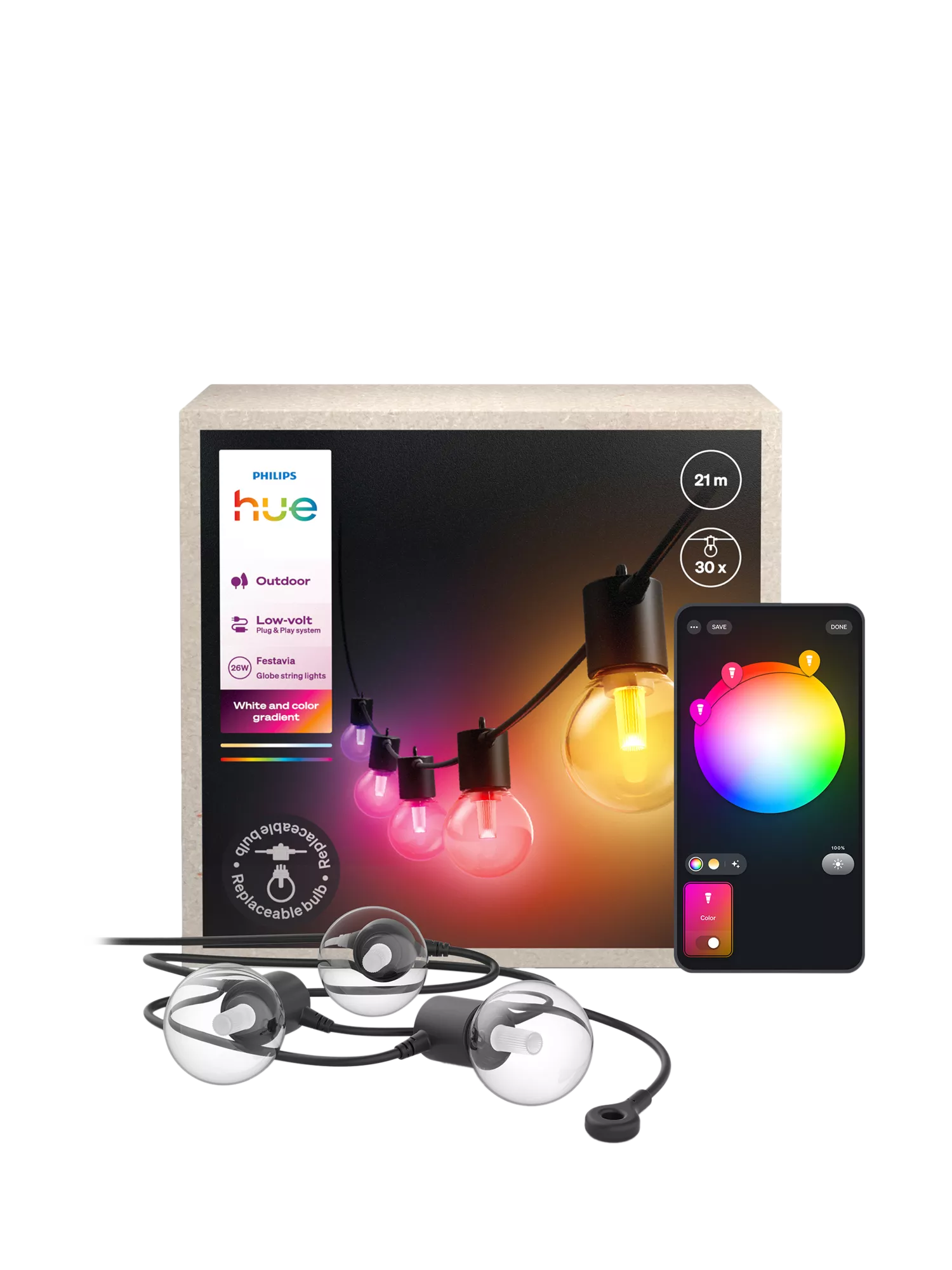Philips Hue Festavia outdoor globe string lights 21m - British product