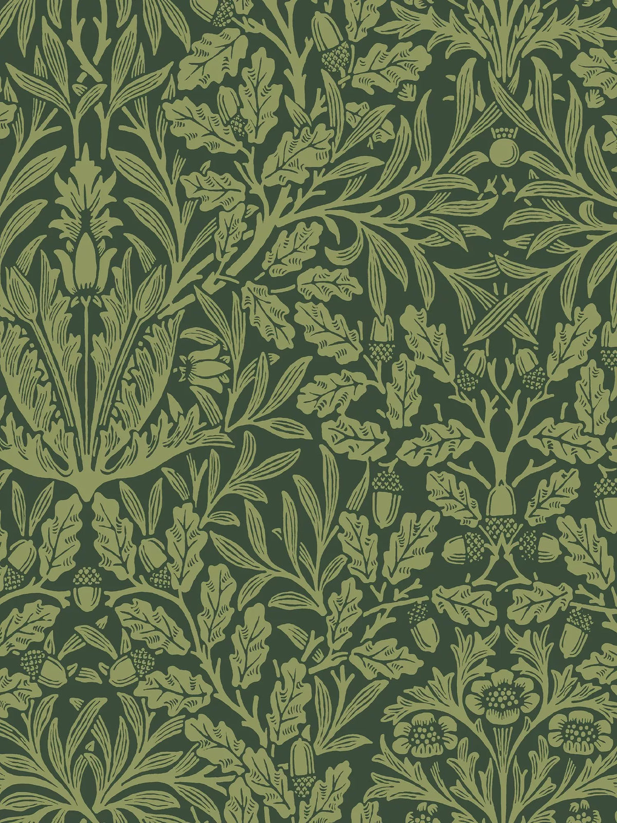William Morris At Home Acorn Garden wallpaper design with detailed acorns and flowers (British brand)