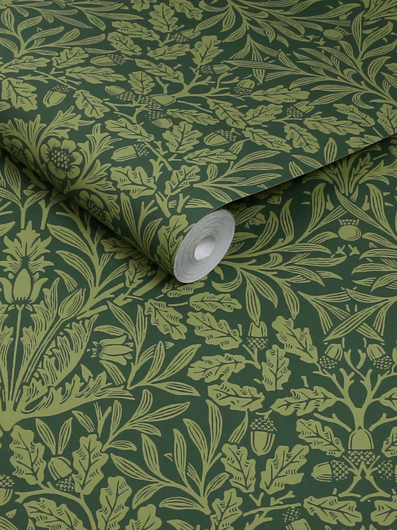 William Morris At Home Acorn Garden wallpaper design with detailed acorns and flowers (British brand)