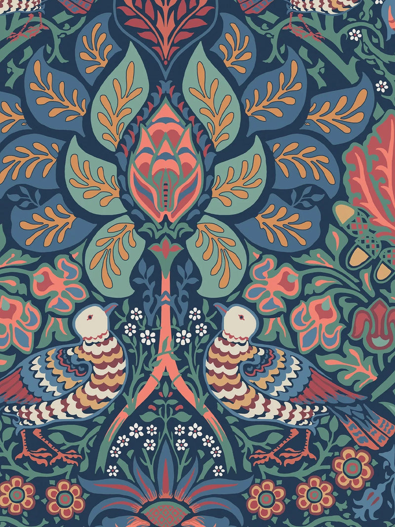 Dove and Rose Patterned Wallpaper with Leaf and Acorn Motifs