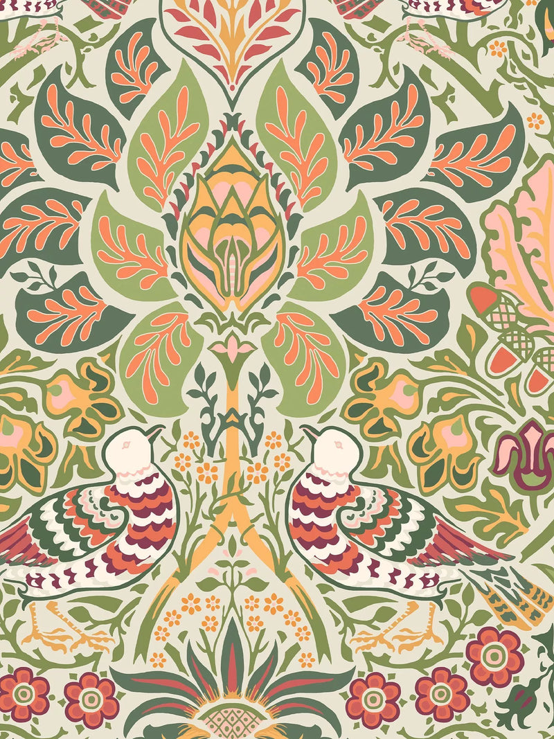 Dove and Rose Patterned Wallpaper with Leaf and Acorn Motifs