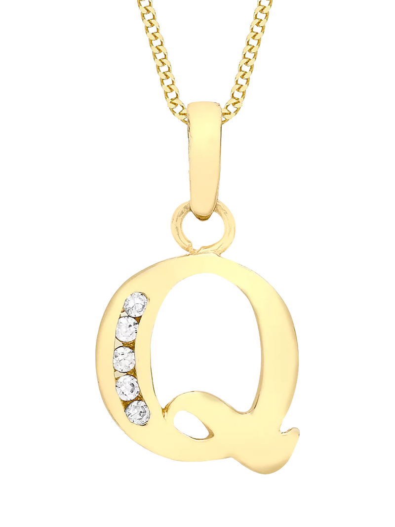 IBB 9ct Gold Cubic Zirconia Initial Pendant Necklace, Q